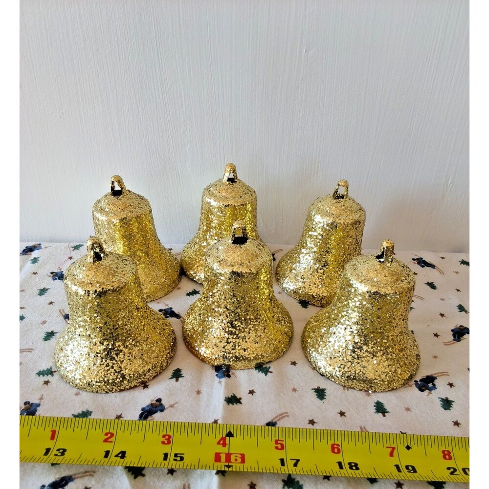Lot of 6 Vintage Japan Gold Mica Glitter Bell Christmas Ornaments MCM Kitschy